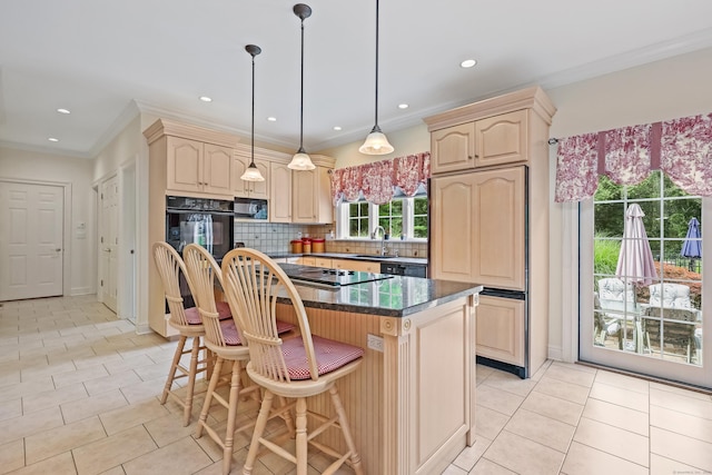 28 Sunnyview Dr, Redding, CT 06896 - kitchen featuring black appliances, light brown cabinetry, light tile patterned flooring, decorative backsplash, and a breakfast bar