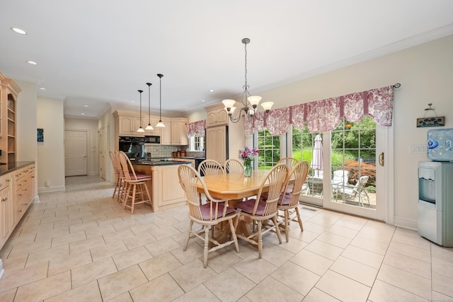 28 Sunnyview Dr, Redding, CT 06896 - dining room featuring a chandelier, recessed lighting, light tile patterned flooring, ornamental molding, and washer / dryer