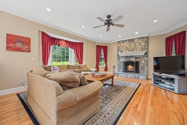 28 Sunnyview Dr, Redding, CT 06896 - living area featuring a ceiling fan, ornamental molding, wood finished floors, a fireplace, and recessed lighting