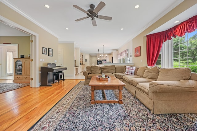 28 Sunnyview Dr, Redding, CT 06896 - living room featuring plenty of natural light, light wood-style flooring, ornamental molding, a ceiling fan, and recessed lighting