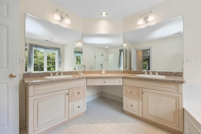 28 Sunnyview Dr, Redding, CT 06896 - bathroom with a stall shower, double vanity, and tile patterned floors