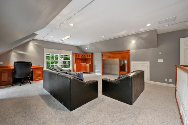 28 Sunnyview Dr, Redding, CT 06896 - living room featuring light colored carpet, an office area, recessed lighting, rail lighting, and vaulted ceiling