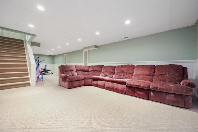 28 Sunnyview Dr, Redding, CT 06896 - living area featuring carpet flooring, stairway, and recessed lighting