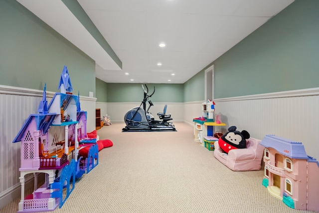 28 Sunnyview Dr, Redding, CT 06896 - recreation room featuring a wainscoted wall, carpet floors, and recessed lighting