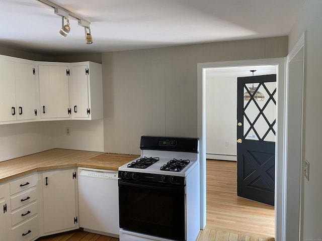 18 Depietro Dr, East Hartford, CT 06118 - kitchen with white appliances, baseboard heating, light countertops, white cabinets, and light wood-type flooring
