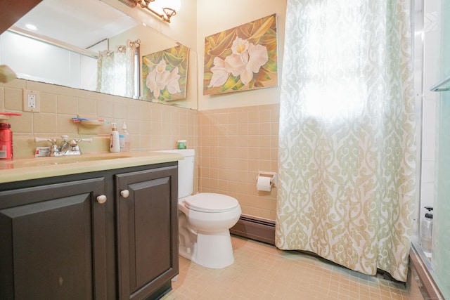 22 Standish Rd, New Milford, CT 06776 - full bathroom featuring a baseboard heating unit, vanity, tile walls, tile patterned flooring, and shower / bath combination with curtain