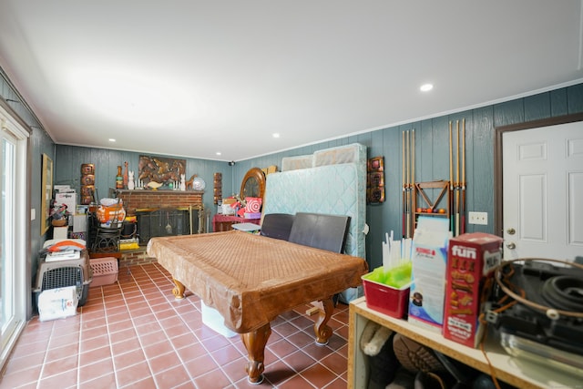 22 Standish Rd, New Milford, CT 06776 - recreation room featuring pool table, ornamental molding, tile patterned flooring, and recessed lighting
