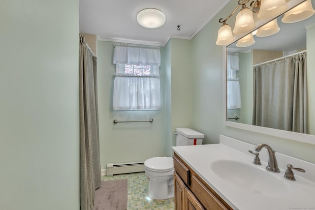 52 Lincoln St, Cromwell, CT 06416 - bathroom with baseboard heating, vanity, crown molding, and a shower with curtain