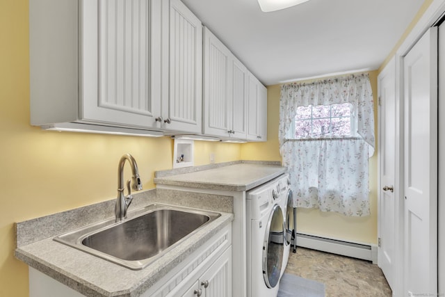 52 Lincoln St, Cromwell, CT 06416 - laundry room featuring a baseboard heating unit, washer / dryer, and cabinet space