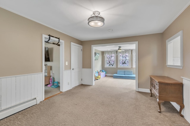 52 Lincoln St, Cromwell, CT 06416 - hall with a baseboard radiator, carpet flooring, ornamental molding, and a wainscoted wall