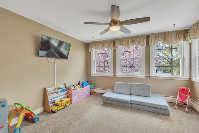 52 Lincoln St, Cromwell, CT 06416 - rec room featuring carpet, a baseboard radiator, and ceiling fan