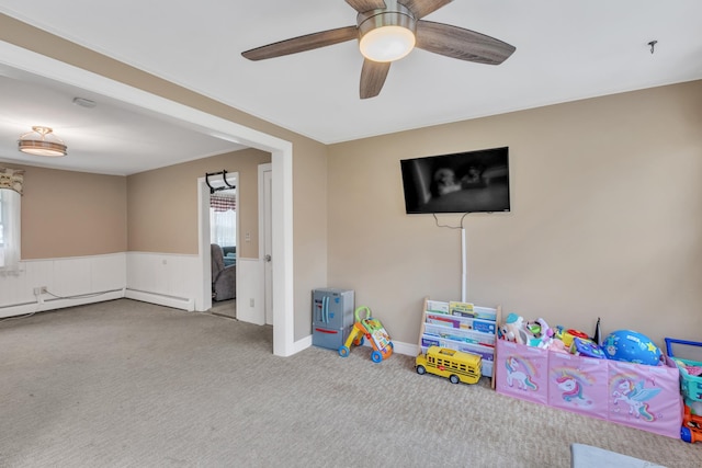 52 Lincoln St, Cromwell, CT 06416 - game room with carpet, a wainscoted wall, and a ceiling fan