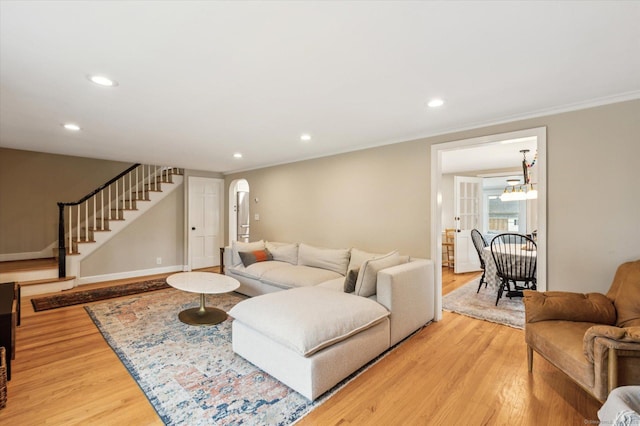 10 Craigmoor Rd, West Hartford, CT 06107 - living area with light wood-type flooring, stairs, recessed lighting, and ornamental molding