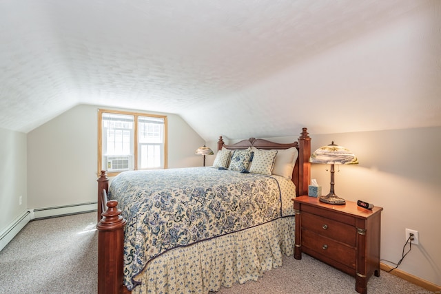 bedroom featuring light carpet, lofted ceiling, and cooling unit