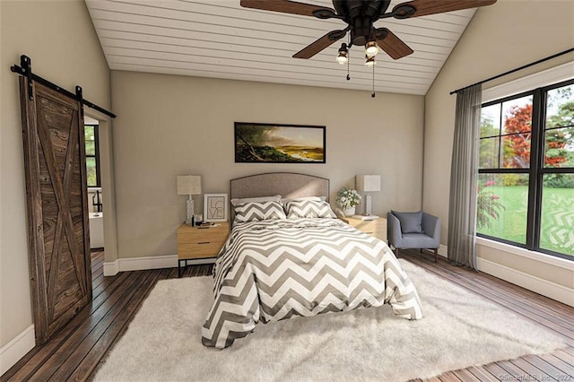 365 Cranberry Bog Rd, Killingly, CT 06239 - bedroom featuring hardwood / wood-style flooring, vaulted ceiling, a barn door, wooden ceiling, and a ceiling fan