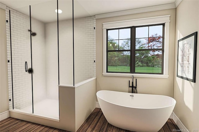 365 Cranberry Bog Rd, Killingly, CT 06239 - full bathroom featuring a stall shower, a soaking tub, and wood finished floors