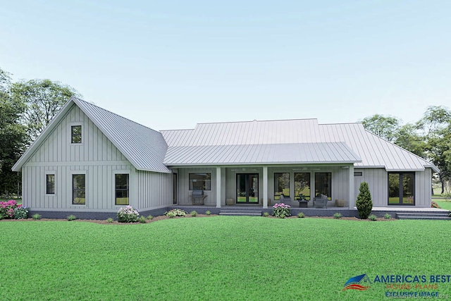 365 Cranberry Bog Rd, Killingly, CT 06239 - back of house featuring board and batten siding, a lawn, a metal roof, and french doors