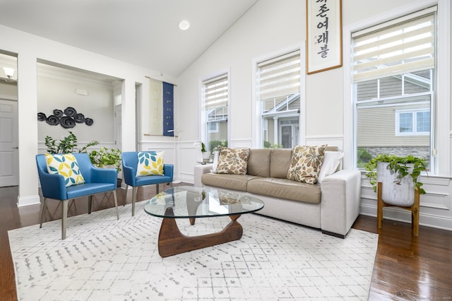 8 Country View Rd Unit 8, Danbury, CT 06810 - living room with a decorative wall, vaulted ceiling, wood finished floors, wainscoting, and recessed lighting