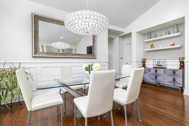 8 Country View Rd Unit 8, Danbury, CT 06810 - dining room featuring a chandelier, a decorative wall, wood finished floors, lofted ceiling, and a wainscoted wall