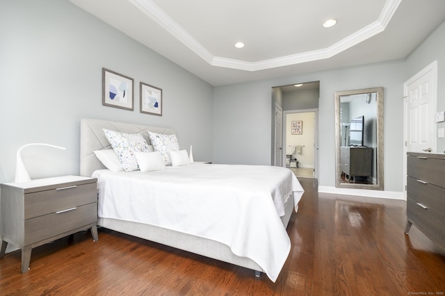 8 Country View Rd Unit 8, Danbury, CT 06810 - bedroom featuring dark wood finished floors, crown molding, a tray ceiling, recessed lighting, and connected bathroom