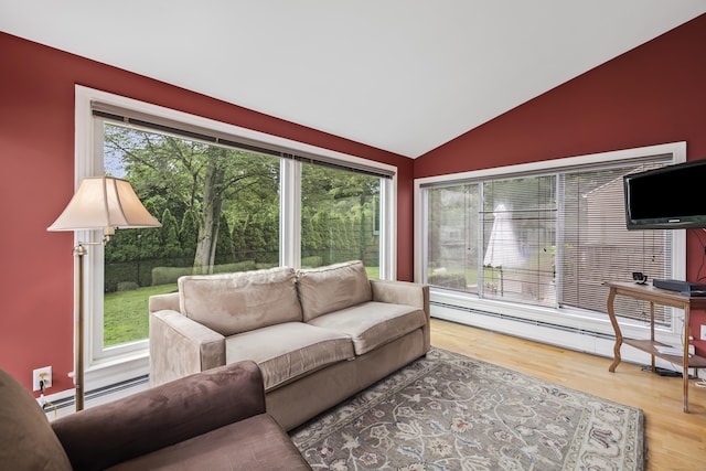 1182 N Main St, West Hartford, CT 06117 - living room with vaulted ceiling, baseboard heating, and wood finished floors