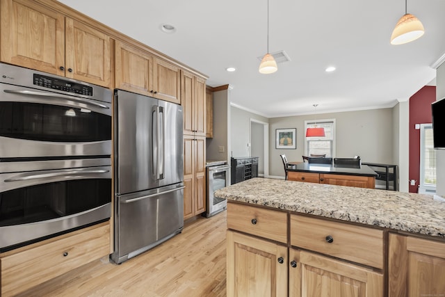 1182 N Main St, West Hartford, CT 06117 - kitchen with stainless steel appliances, crown molding, light wood-style floors, beverage cooler, and hanging light fixtures