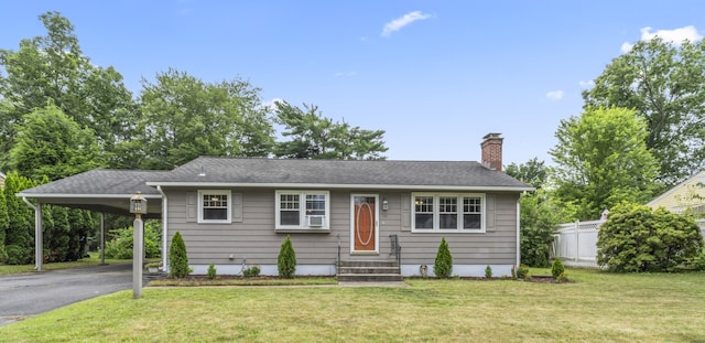 119 Debra Ln, Bristol, CT 06010 - view of front facade featuring entry steps, a chimney, driveway, and a carport