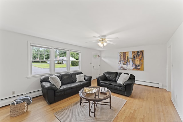 119 Debra Ln, Bristol, CT 06010 - living area featuring a baseboard radiator, a baseboard heating unit, light wood-style floors, and a ceiling fan