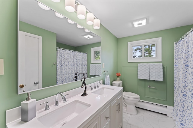 119 Debra Ln, Bristol, CT 06010 - bathroom featuring baseboard heating, double vanity, marble look tiles, and a shower with shower curtain
