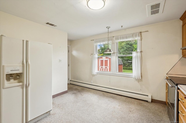 5 Hale Ct, Plainville, CT 06062 - kitchen featuring white fridge with ice dispenser, baseboard heating, electric stove, and pendant lighting