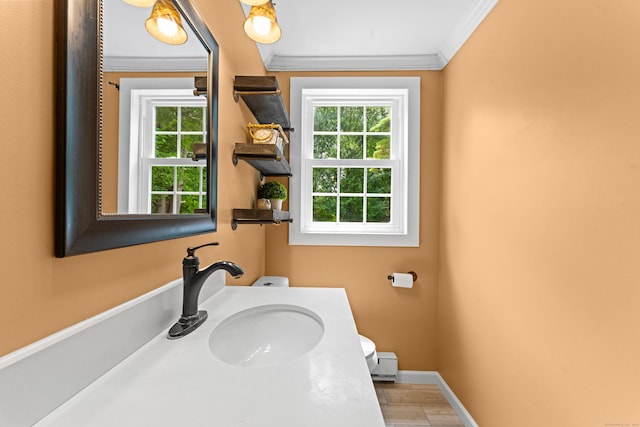 148 Depot St, East Windsor, CT 06016 - bathroom featuring baseboard heating, plenty of natural light, ornamental molding, and vanity