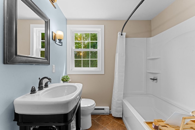 148 Depot St, East Windsor, CT 06016 - full bathroom with baseboard heating, tile patterned flooring, and shower / bath combination with curtain