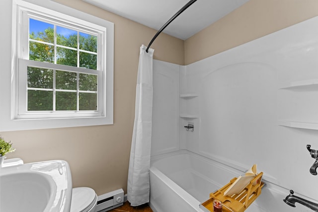 148 Depot St, East Windsor, CT 06016 - bathroom with a baseboard radiator and shower / tub combo with curtain