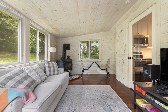 50 Spring Glen Dr, Granby, CT 06035 - living room with a wood stove, vaulted ceiling, dark wood-type flooring, wood walls, and wooden ceiling