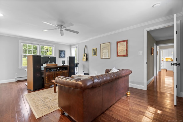 50 Spring Glen Dr, Granby, CT 06035 - living area with baseboard heating, a ceiling fan, hardwood / wood-style floors, ornamental molding, and an office area