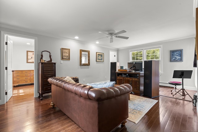 50 Spring Glen Dr, Granby, CT 06035 - living area with a ceiling fan, dark wood-style floors, recessed lighting, ornamental molding, and a baseboard heating unit