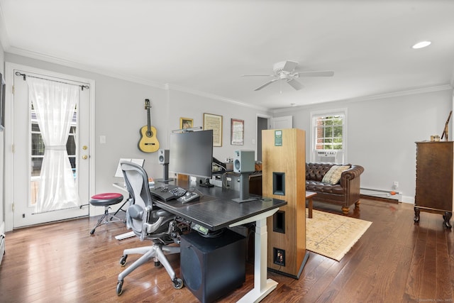 50 Spring Glen Dr, Granby, CT 06035 - home office featuring a ceiling fan, crown molding, cooling unit, a baseboard heating unit, and wood finished floors