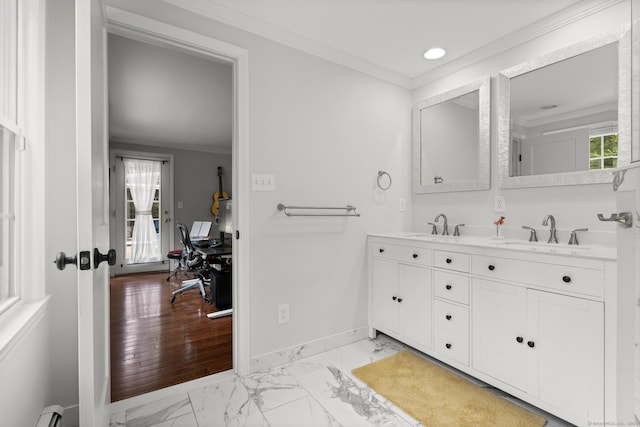 50 Spring Glen Dr, Granby, CT 06035 - full bath featuring crown molding, marble look tiles, double vanity, baseboard heating, and recessed lighting