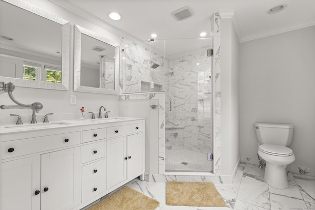50 Spring Glen Dr, Granby, CT 06035 - full bath featuring ornamental molding, double vanity, a shower stall, marble finish flooring, and recessed lighting