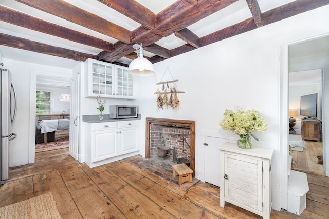 319 Main St, Wethersfield, CT 06109 - living room with wood-type flooring, beam ceiling, and coffered ceiling