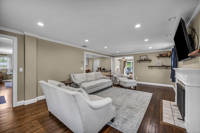 18 Holly Ln, Wallingford, CT 06492 - living room with recessed lighting, dark wood-style flooring, plenty of natural light, ceiling fan, and crown molding