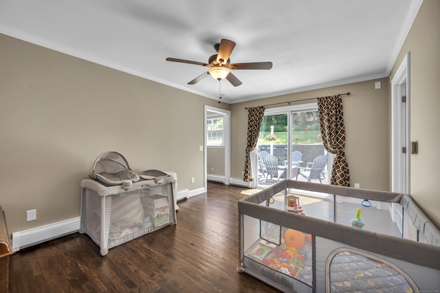 18 Holly Ln, Wallingford, CT 06492 - bedroom with baseboard heating, access to exterior, dark wood-style floors, crown molding, and ceiling fan