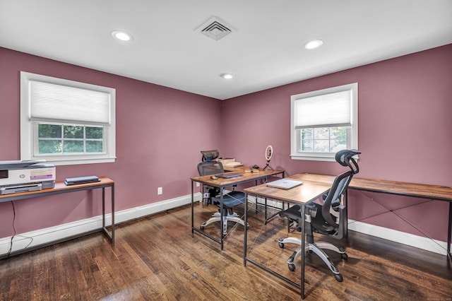 18 Holly Ln, Wallingford, CT 06492 - office area with wood finished floors, a baseboard radiator, and recessed lighting