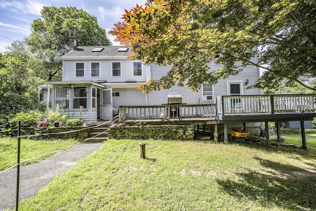 72 S Rd, Portland, CT 06480 - rear view of property featuring a wooden deck, a chimney, and a lawn