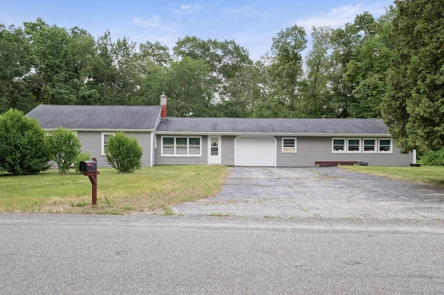 29 Cheney Rd, Pomfret, CT 06259 - ranch-style home with a garage, asphalt driveway, a front lawn, a chimney, and view of scattered trees