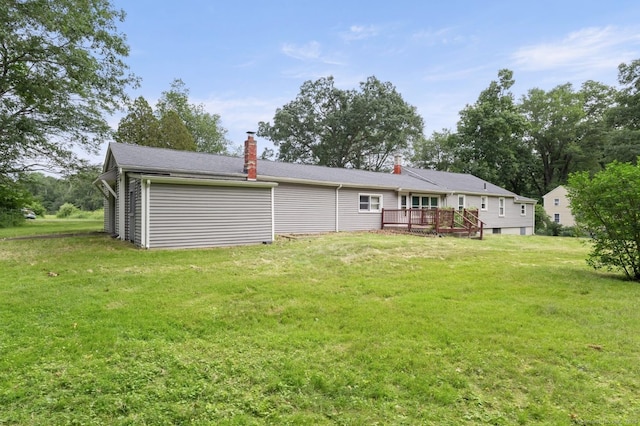 29 Cheney Rd, Pomfret, CT 06259 - rear view of property with a wooden deck, a lawn, and a chimney