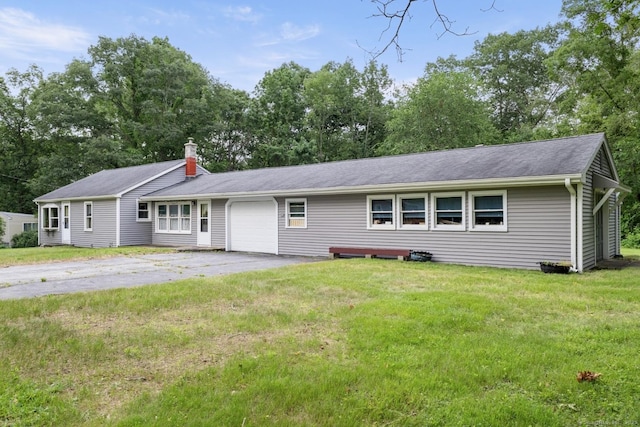 29 Cheney Rd, Pomfret, CT 06259 - ranch-style home featuring a garage, asphalt driveway, a front yard, a chimney, and roof with shingles