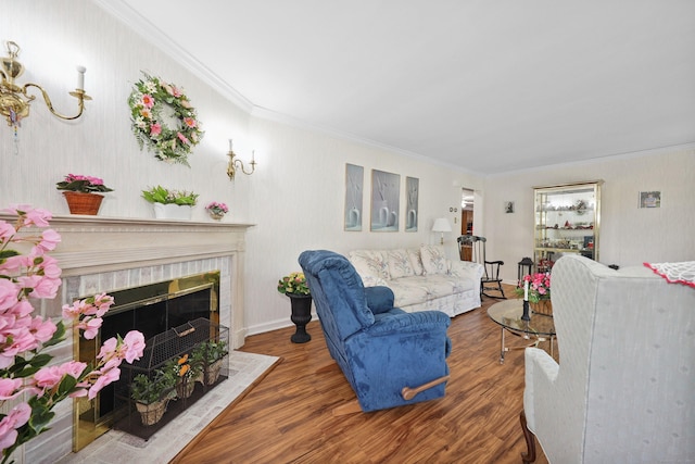 21 Hidden Pond Dr, Watertown, CT 06795 - living area featuring crown molding, wood finished floors, and a fireplace