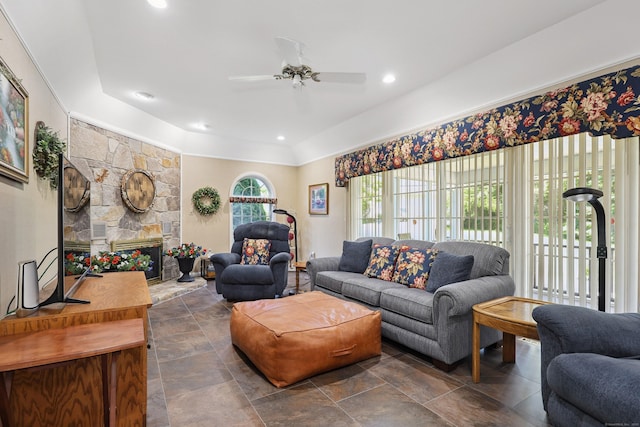 21 Hidden Pond Dr, Watertown, CT 06795 - living room with a ceiling fan, a stone fireplace, and recessed lighting