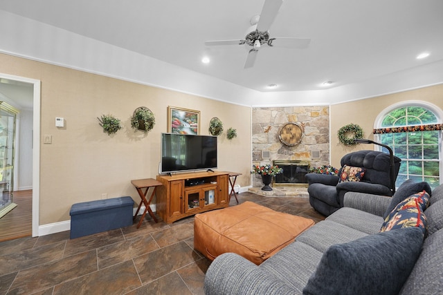 21 Hidden Pond Dr, Watertown, CT 06795 - living area featuring a ceiling fan, a stone fireplace, dark stone finish flooring, and recessed lighting